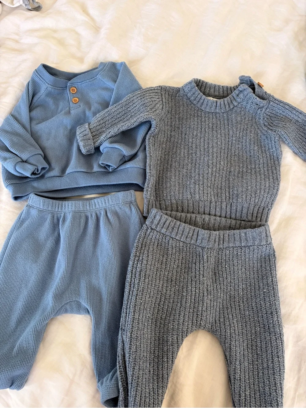 Baby Two-Piece Knit Set & Waffle Top in Dusty Blue. Fall Romper set